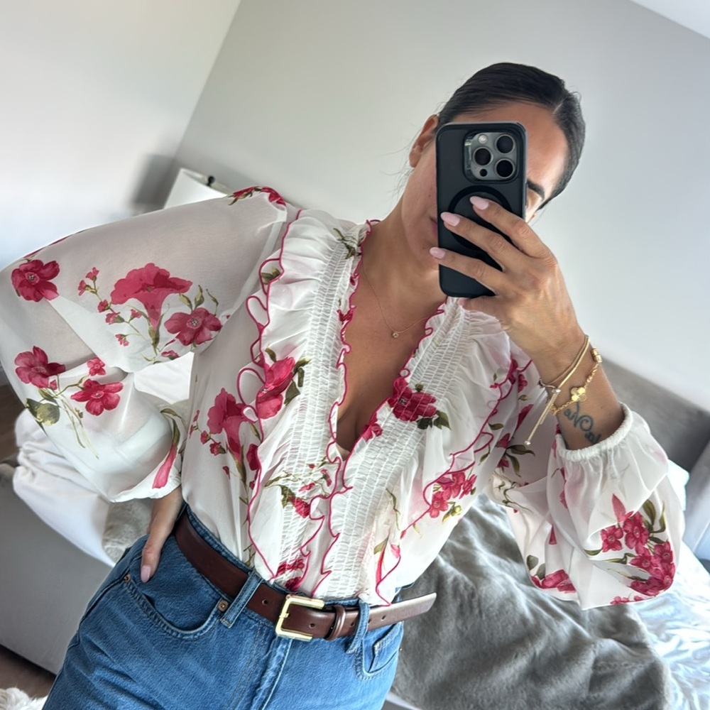 Zara Sheer Floral Blouse - White and Pink